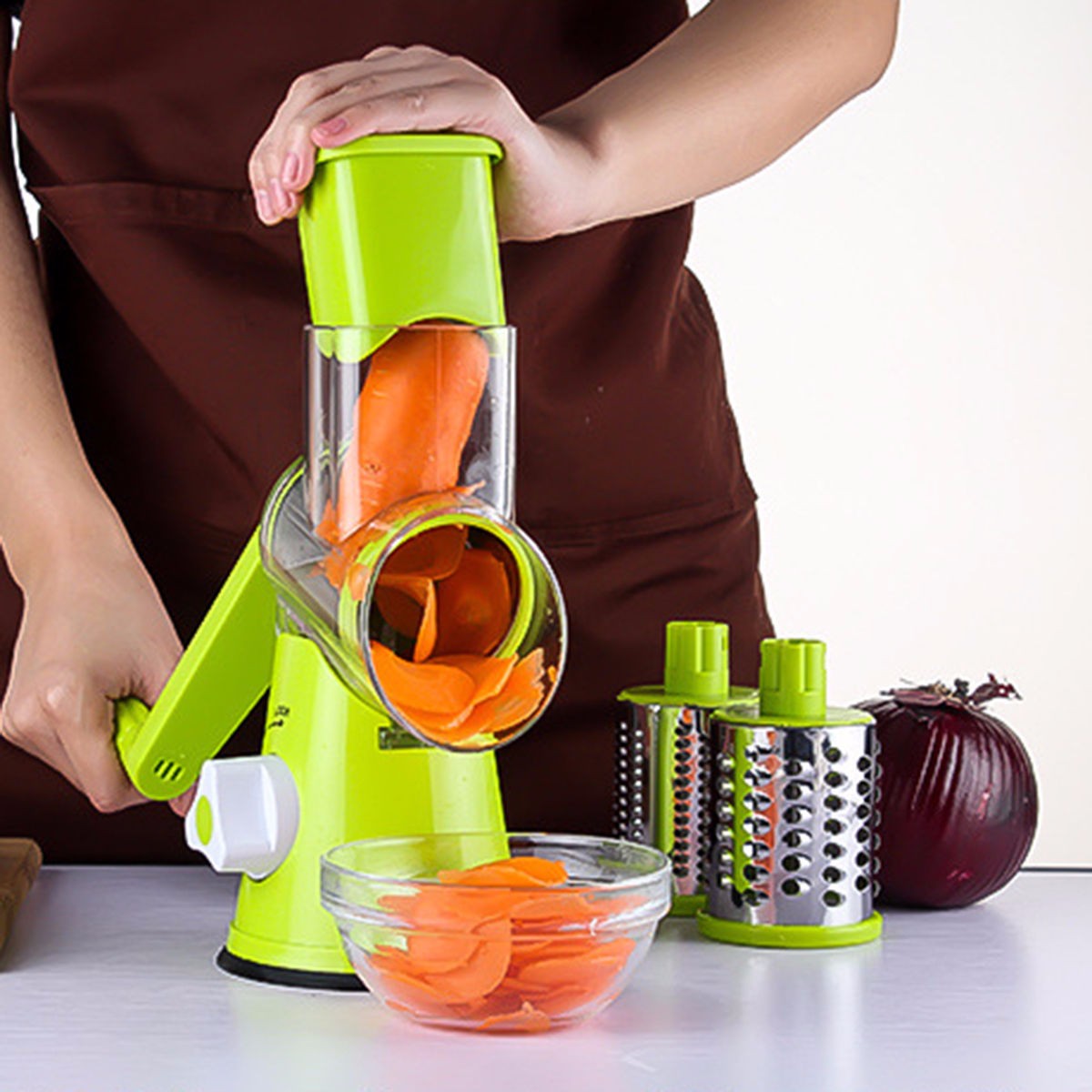 Rotary Cheese Grater and Drum Mandoline Slicer – 3 Interchangeable Blades for Vegetables and Nuts