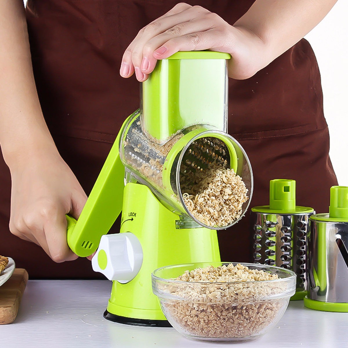 Rotary Cheese Grater and Drum Mandoline Slicer – Non-Slip Suction Base 3-Blade Kitchen Drum Grater