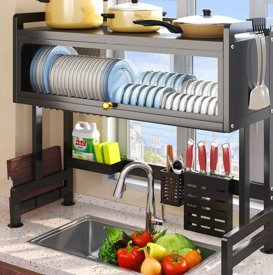 Kitchen Dish Drying Rack – Metal Countertop Rack with Drainage Knife Holder and Cutting Board Slot