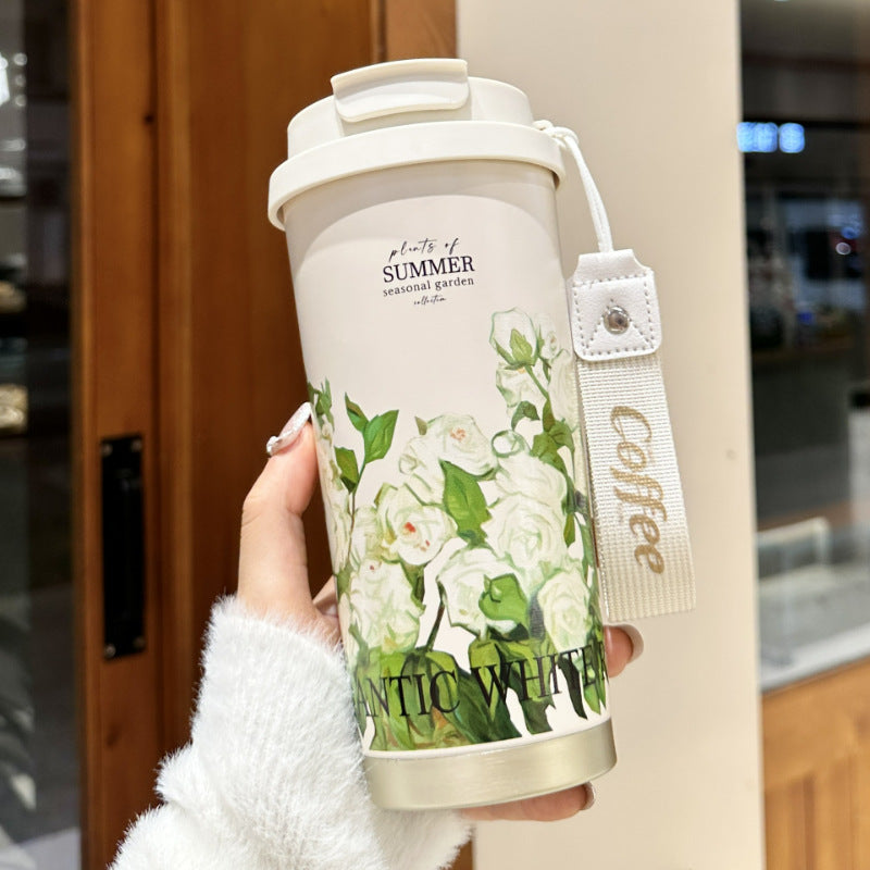 Stainless Steel Portable Coffee Cup – Gift Worthy 550ml Floral Insulated Stainless Steel Cup