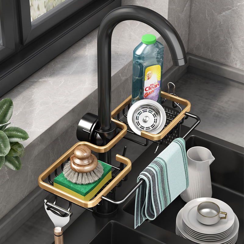 Space Aluminum Kitchen Storage Rack – No-Punch Single Layer Kitchen Faucet Drain Basket