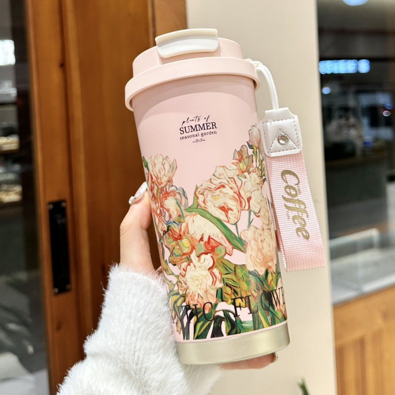 Stainless Steel Portable Coffee Cup – 550ml Stylish Floral Stainless Steel Insulated Mug