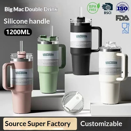 40oz Iced Coffee Tumbler – 304 Stainless Steel 1200ml Keeps Cold 12 Hours with Straw